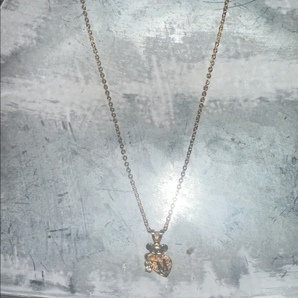 Teddy Bear Initial M Gold Tone Necklace with Adjustable Teddy Bear Ring